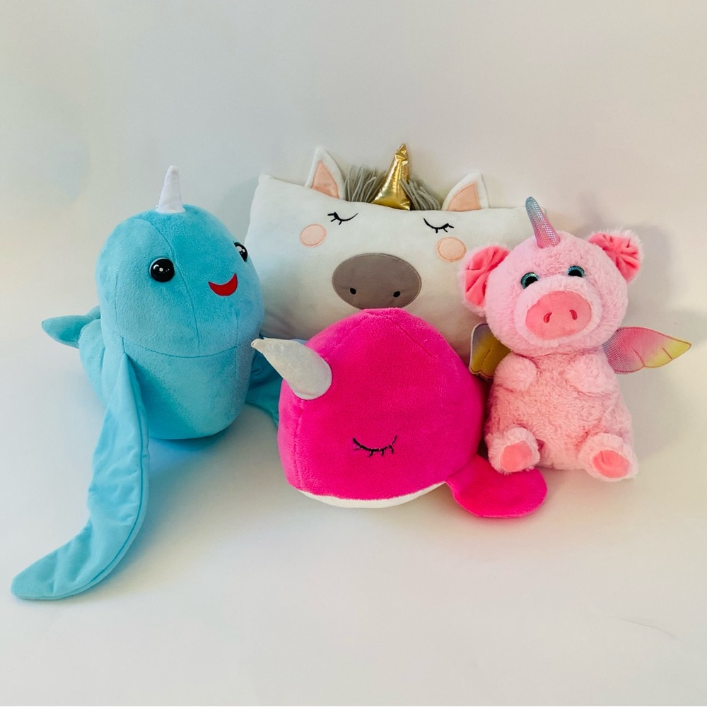EUC Set of FOUR Magical Horn Stuffed Animals Pillows, 2 Narwhals, Unicorn, Pig